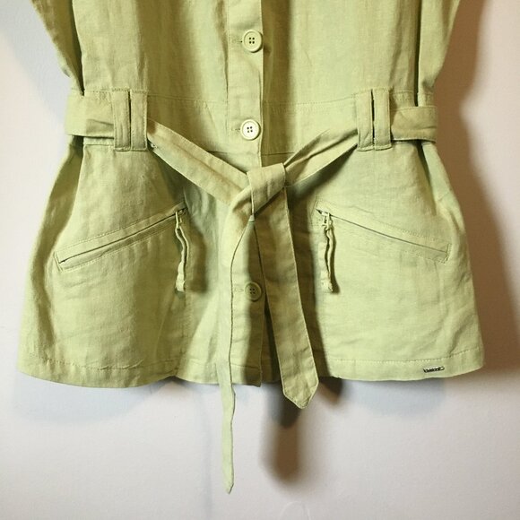 Paco Lime Green Linen Blend Sleeveless Button Up Utility Vest - Picture 4 of 14